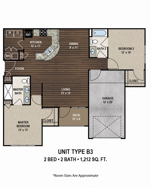 Floor plan for 2 beds, 2 baths, 1212 sqft